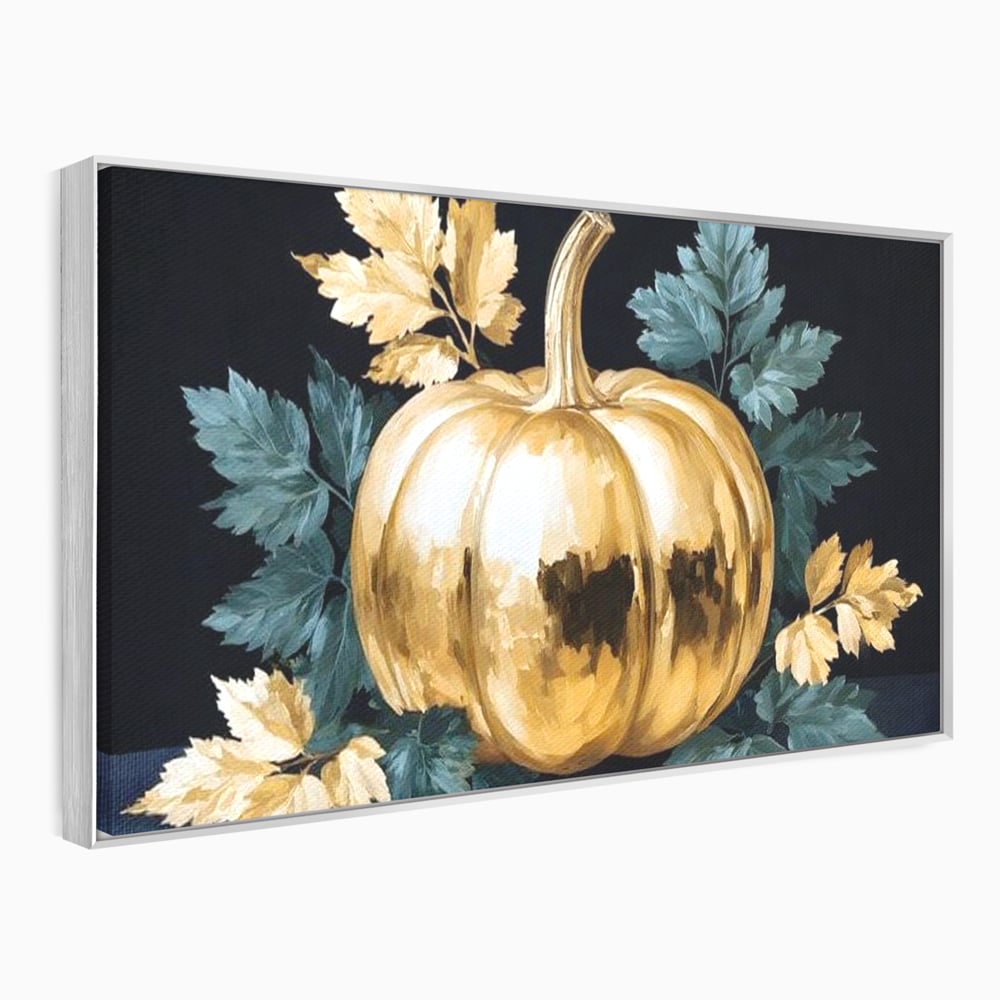 Tablou canvas cu tablou cu dovleac auriu si frunze, in rama de aluminiu argintiu
